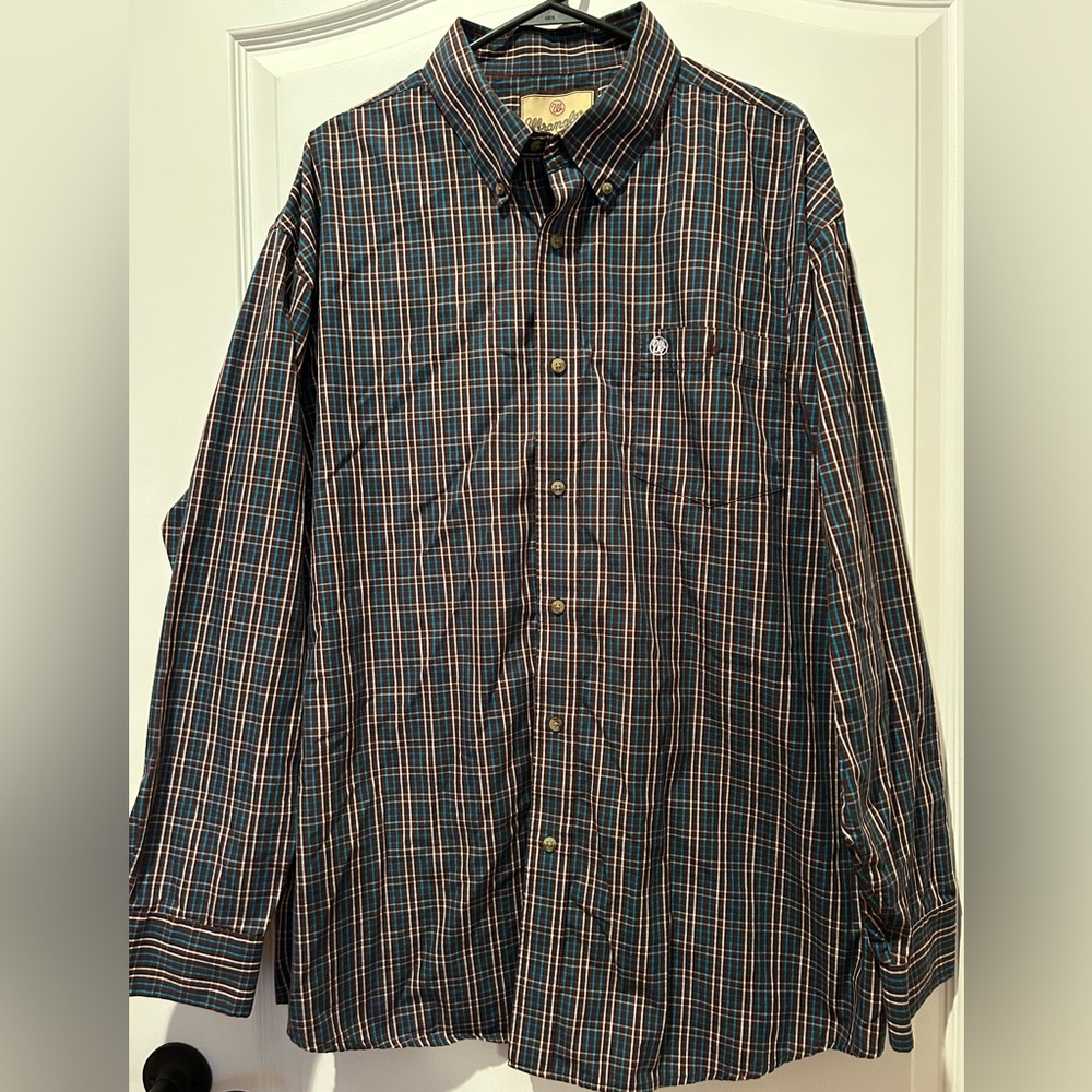 Wrangler Men's Brown and Blue Plaid Button Down Shirt XXL